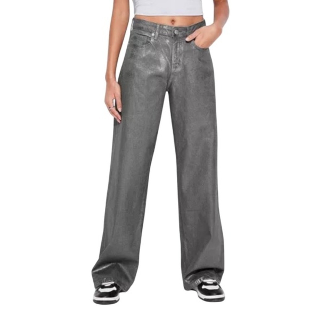 T11 Wild Fable‎ Baggy Jeans Metallic Silver Foil Wide Leg Y2K Cyber Streetwear